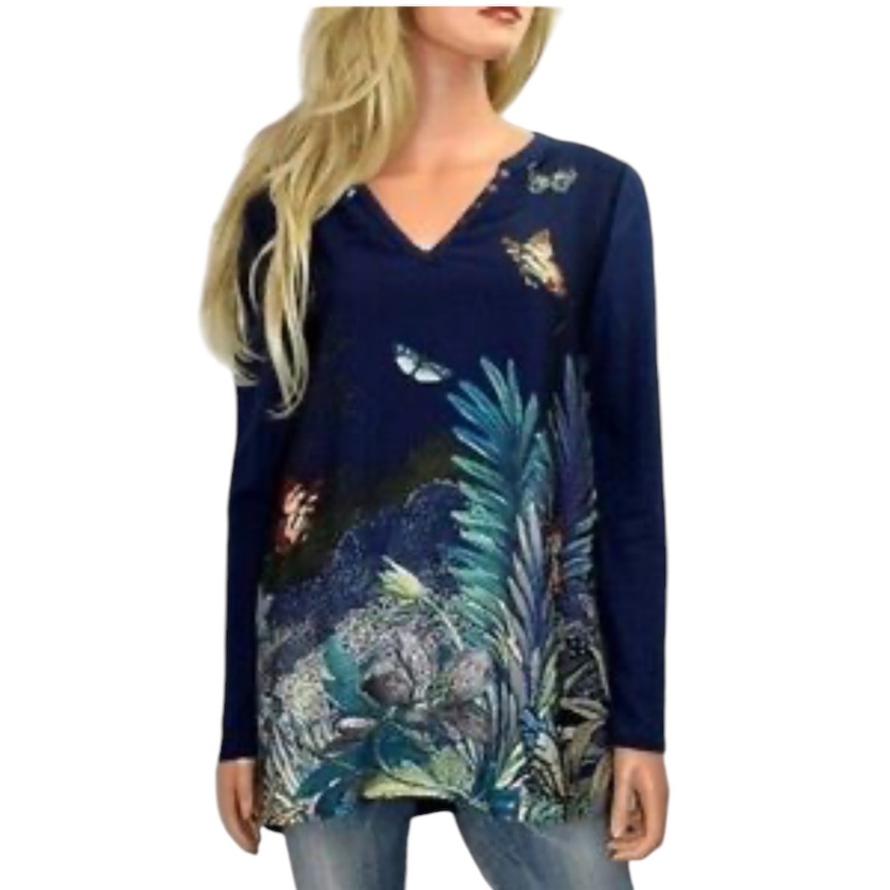 Anthropologie AKEMI & Kin Fauna Henley Blue Butterfly Linen Top W-913 Sz L